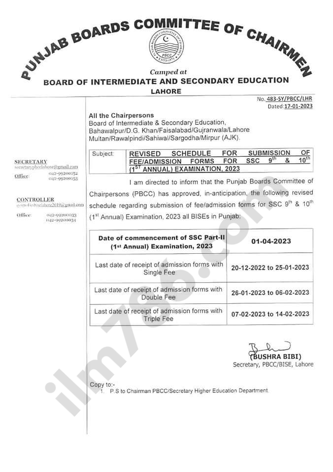 9th Class Fee Schedule SSC Annual Examination 2024