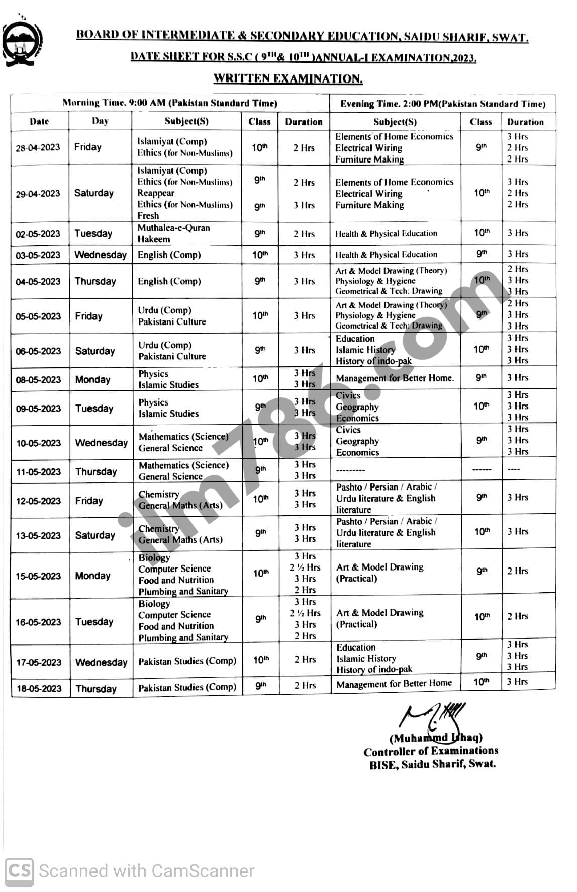 BISE Swat Board 9th Class Date Sheet 2024