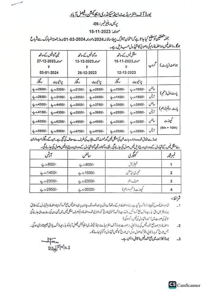9th Class Date Sheet 2024 Faisalabad Board